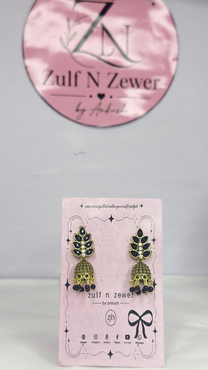 Midnight Bloom Antique Gold Jhumka Earrings with Black Stones