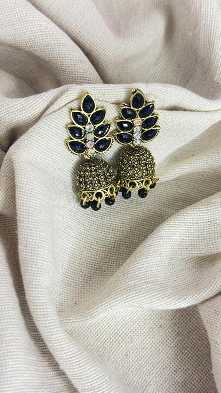 Midnight Bloom Antique Gold Jhumka Earrings with Black Stones