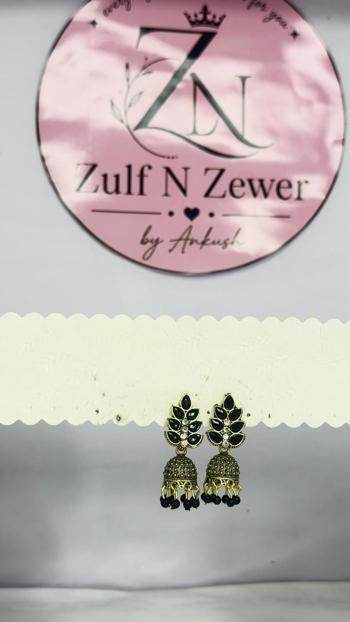 Midnight Bloom Antique Gold Jhumka Earrings with Black Stones