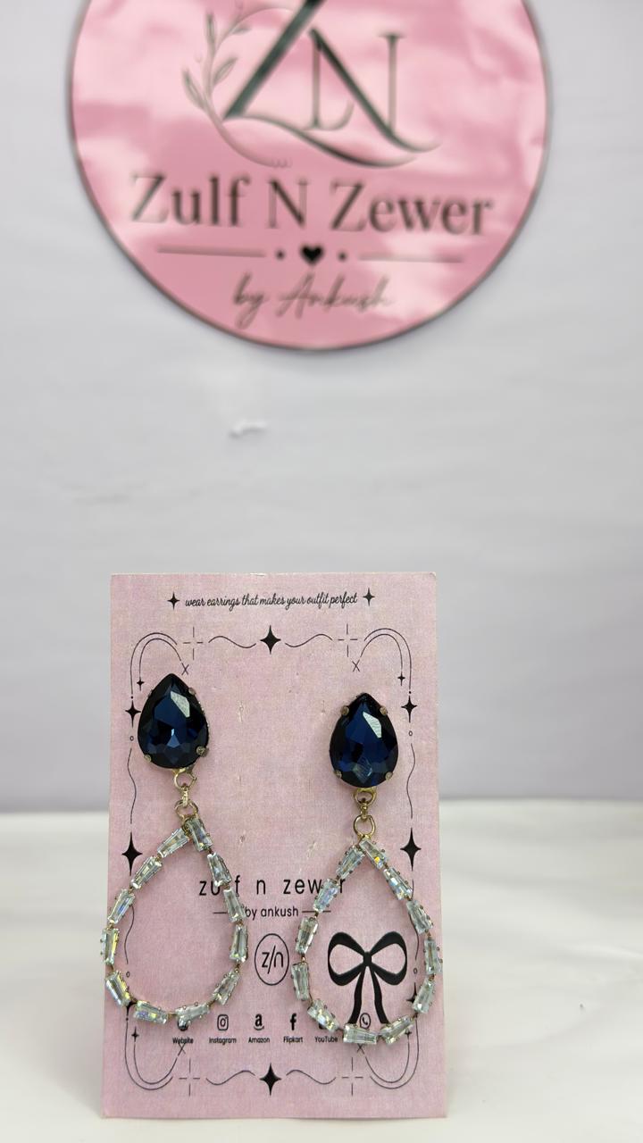Midnight Blue Crystal Teardrop Hoop Earrings | Elegant Party Wear Statement Earrings for Women