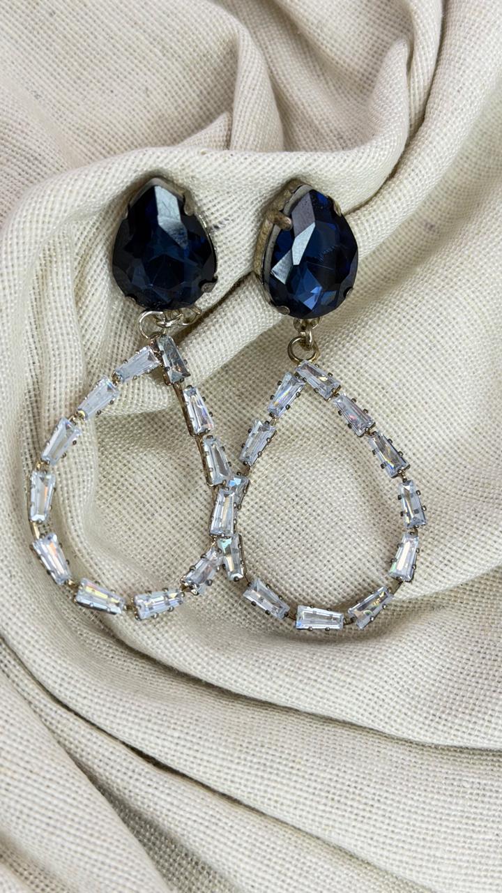 Midnight Blue Crystal Teardrop Hoop Earrings | Elegant Party Wear Statement Earrings for Women