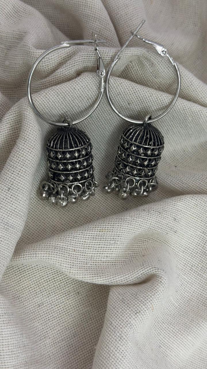 Oxidised Silver Hoop Jhumka Earrings | Traditional Ethnic Hoop Earrings for Women & Girls