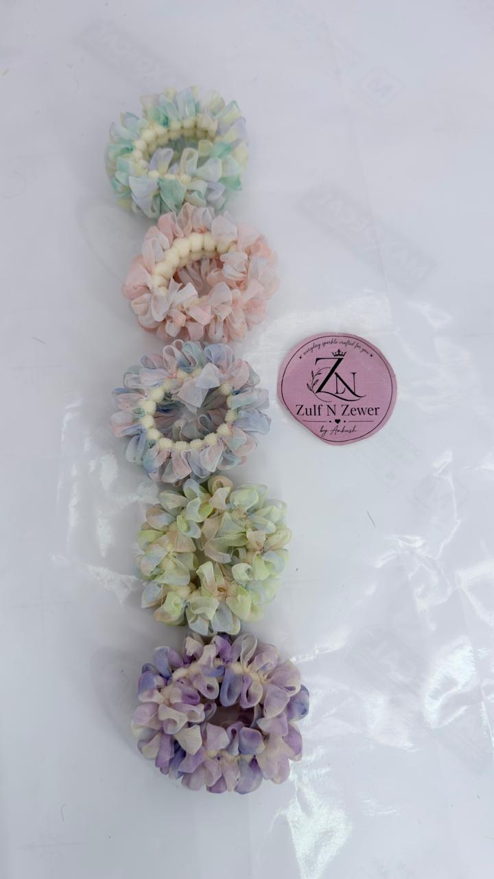 Pastel Floral Hair Scrunchie Set – Assorted Shades Set Of 5
