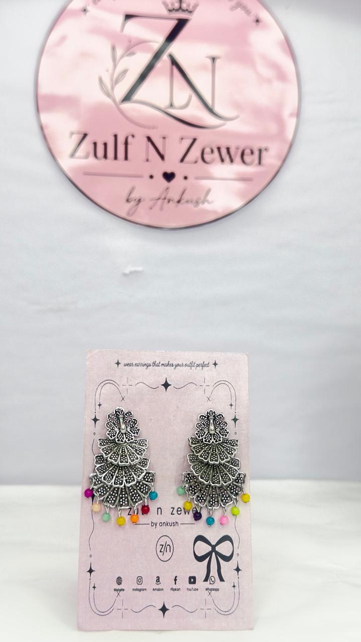 Peacock Oxidised Silver Chandbali Earrings | Multicolor Beaded Ethnic Earrings for Women