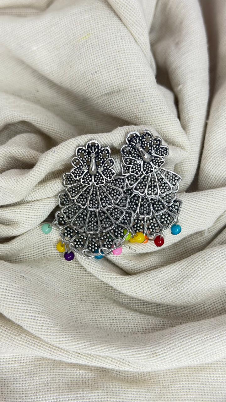 Peacock Oxidised Silver Chandbali Earrings | Multicolor Beaded Ethnic Earrings for Women