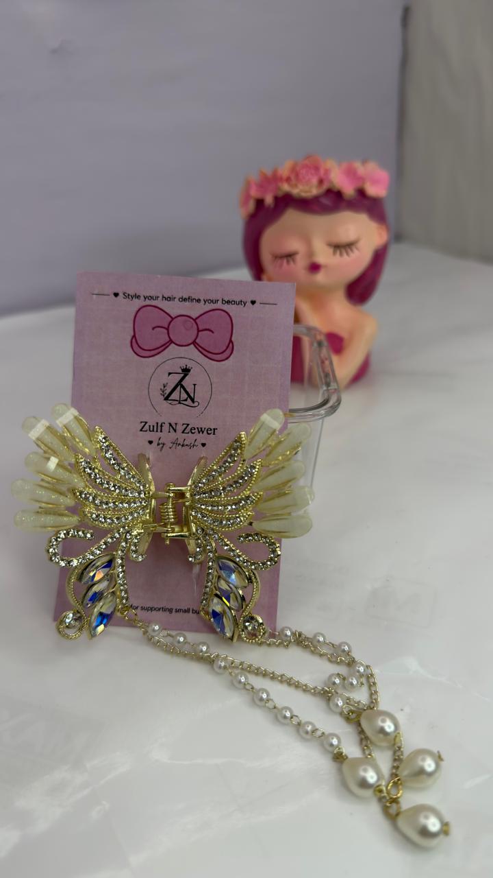 Pearl Butterfly Hair Claw Clip for Women | Gold Crystal Hair Accessory with Pearl Tassels