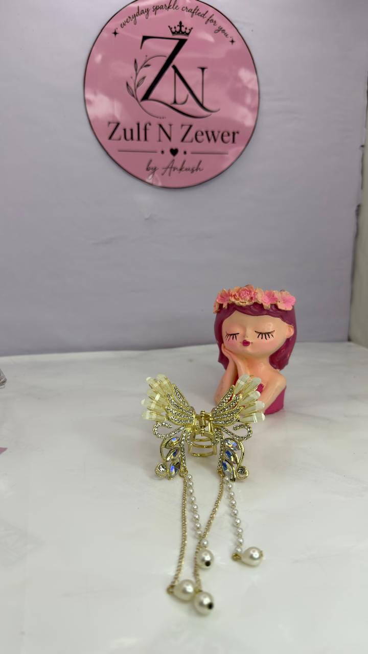 Pearl Butterfly Hair Claw Clip for Women | Gold Crystal Hair Accessory with Pearl Tassels