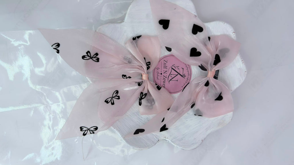 Pink Organza Printed Bow Hair Clip Combo – Heart & Butterfly Design