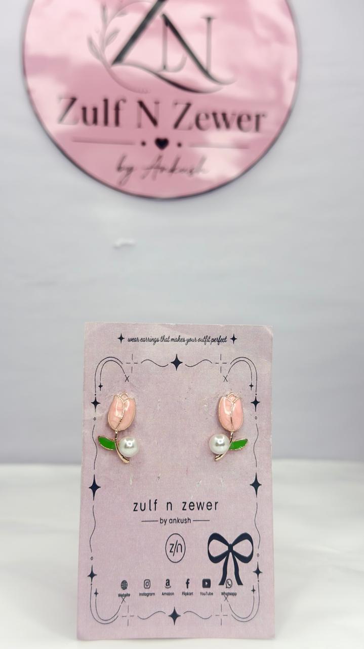 Pink Tulip Pearl Stud Earrings for Women | Cute Floral Enamel Earrings | Minimal Gold-Tone Earrings