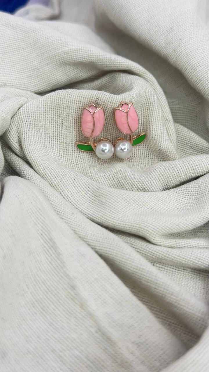 Pink Tulip Pearl Stud Earrings for Women | Cute Floral Enamel Earrings | Minimal Gold-Tone Earrings