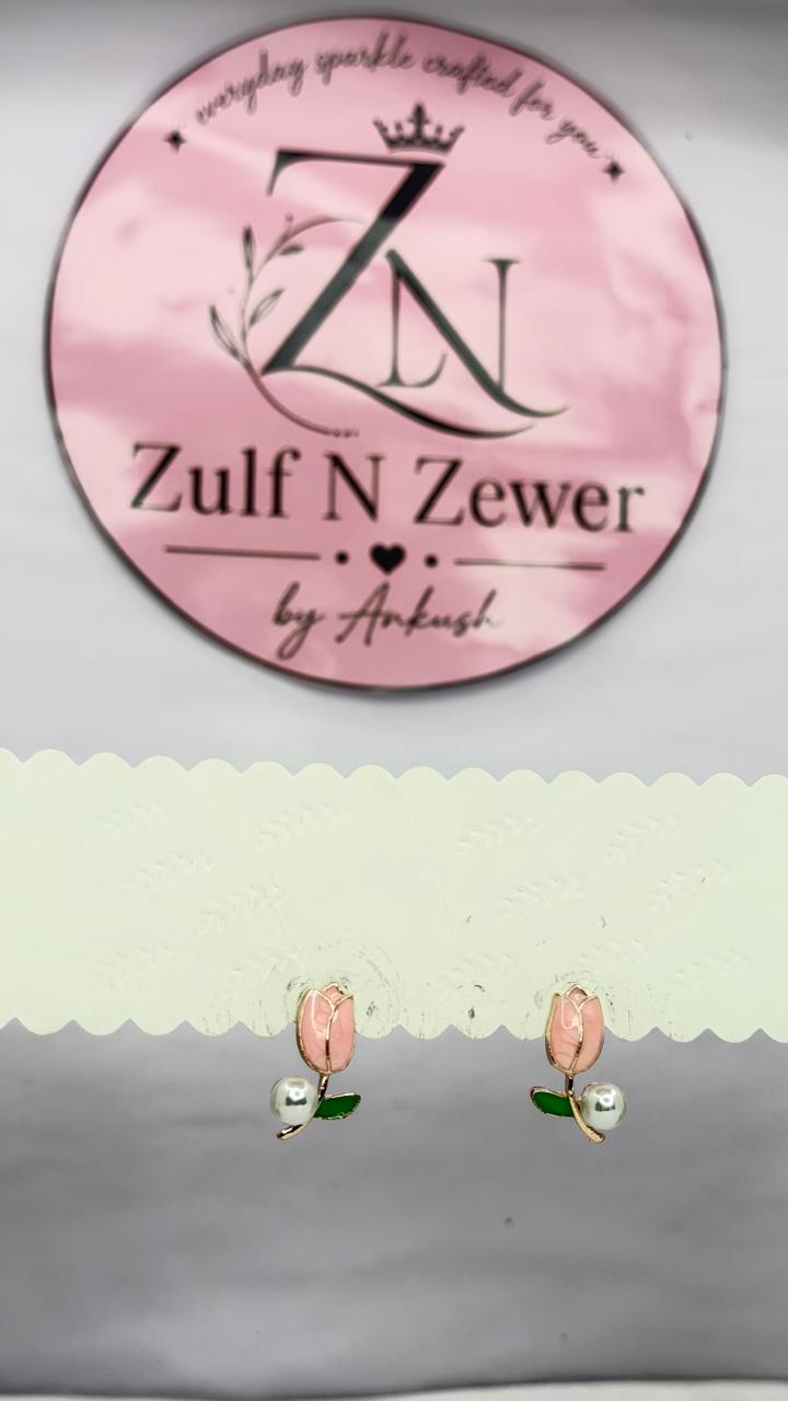Pink Tulip Pearl Stud Earrings for Women | Cute Floral Enamel Earrings | Minimal Gold-Tone Earrings