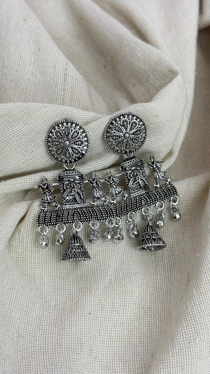 Radha Krishna Oxidised Jhumka Earrings | Traditional Temple Jewelry for Women