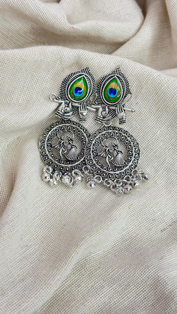 Radha Krishna Oxidised Peacock Feather Earrings | Traditional Krishna Flute Ethnic Earrings for Women