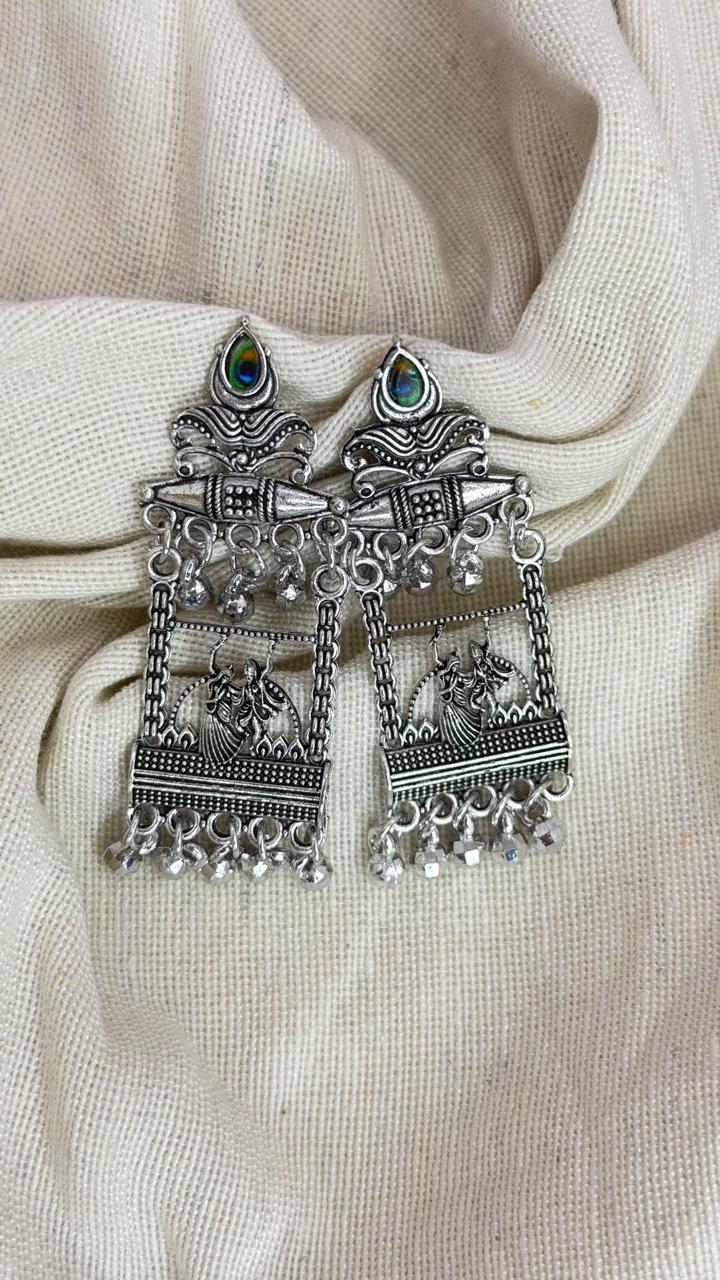 Radha Krishna Oxidised Temple Jhumka Earrings | Traditional Silver Oxidised Earrings for Women