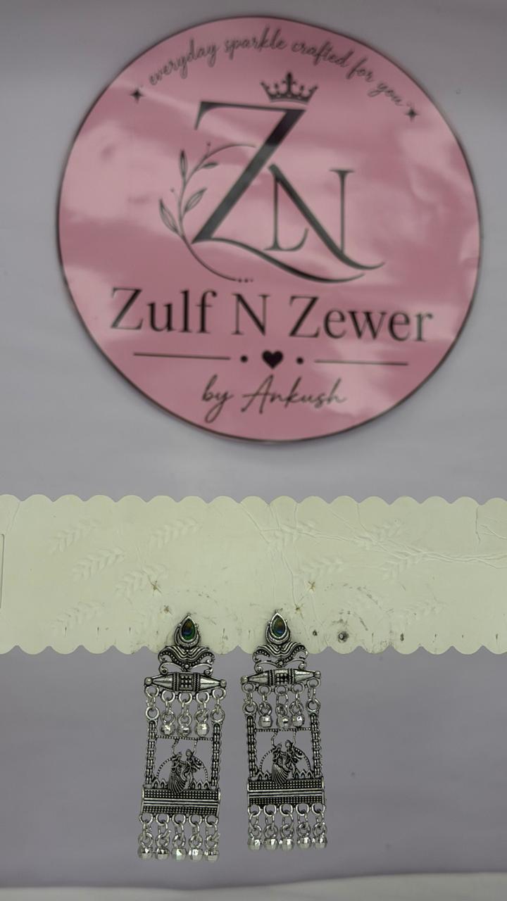 Radha Krishna Oxidised Temple Jhumka Earrings | Traditional Silver Oxidised Earrings for Women