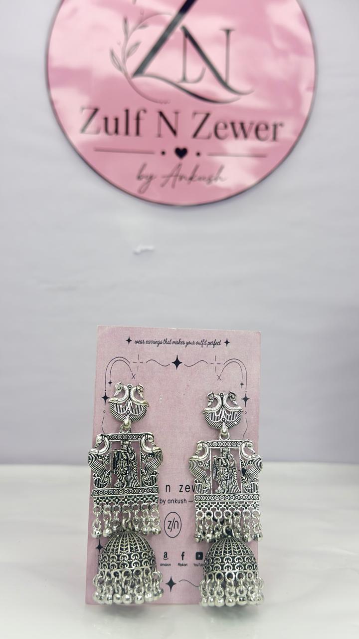Radha Krishna Temple Oxidised Silver Jhumka Earrings for Women