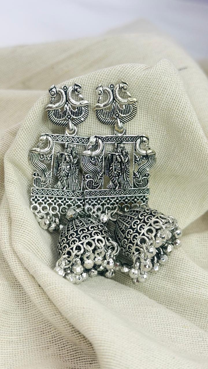 Radha Krishna Temple Oxidised Silver Jhumka Earrings for Women