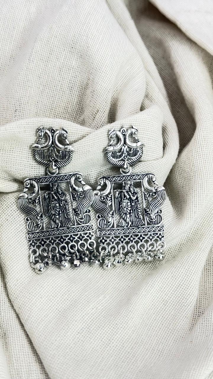 Radha Krishna Temple Oxidised Silver Stud Earrings