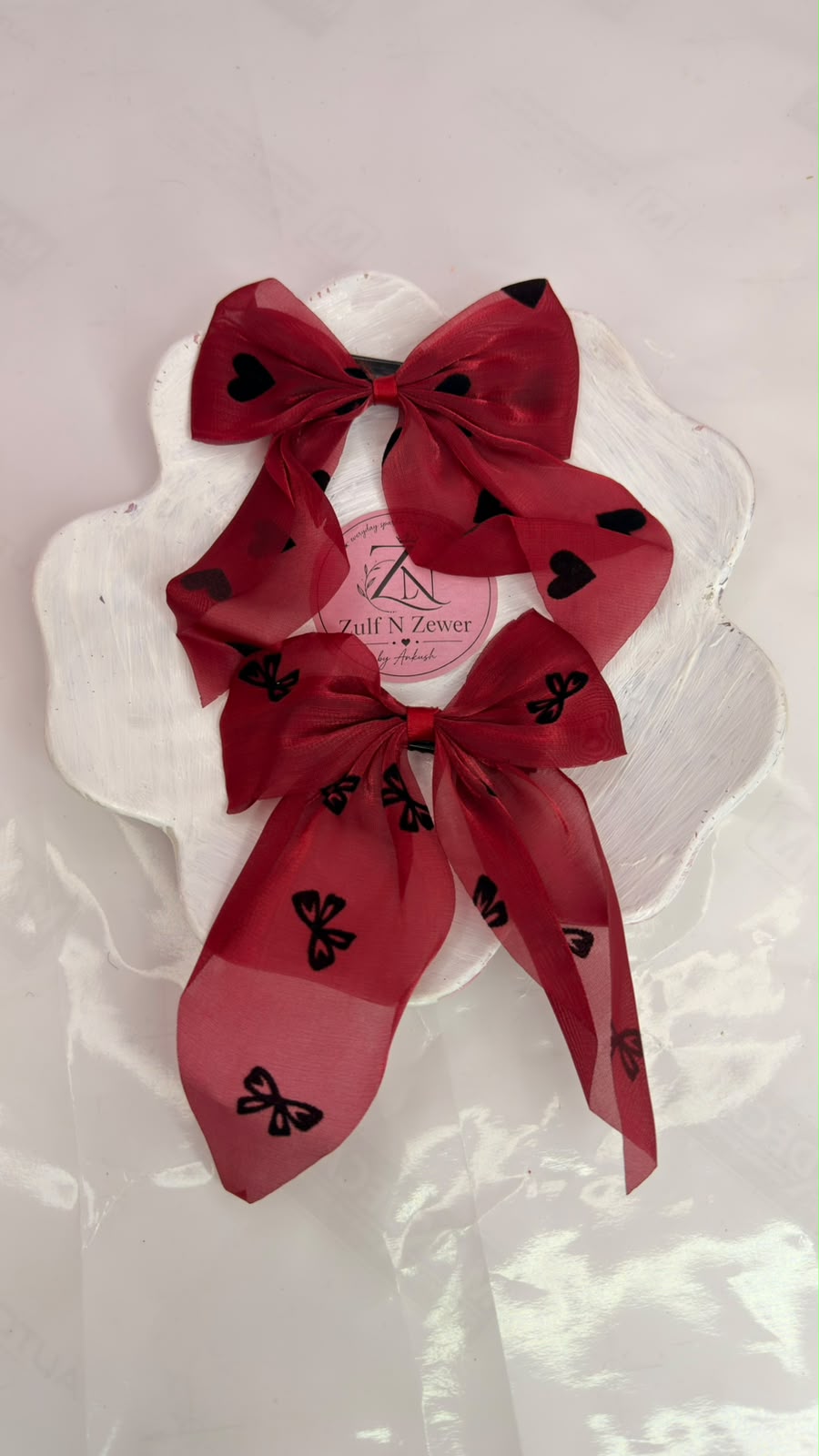 Red Organza Printed Bow Hair Clip Combo – Heart & Butterfly Design
