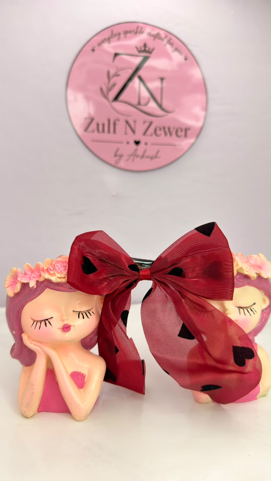 Red Organza Printed Bow Hair Clip Combo – Heart & Butterfly Design