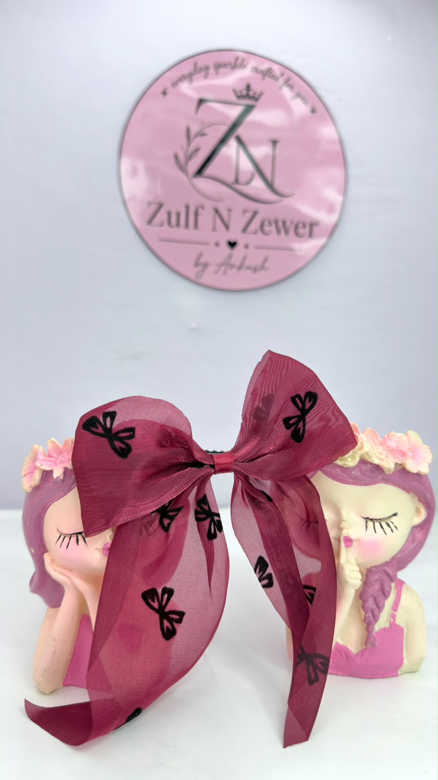 Red Organza Printed Bow Hair Clip Combo – Heart & Butterfly Design