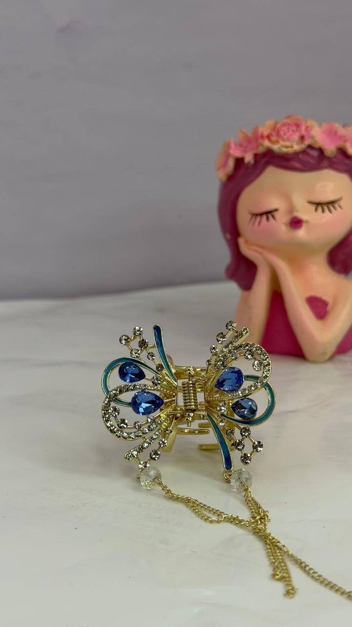 Royal Blue Crystal Butterfly Hair Claw Clip for Women | Premium Gold Hair Accessory