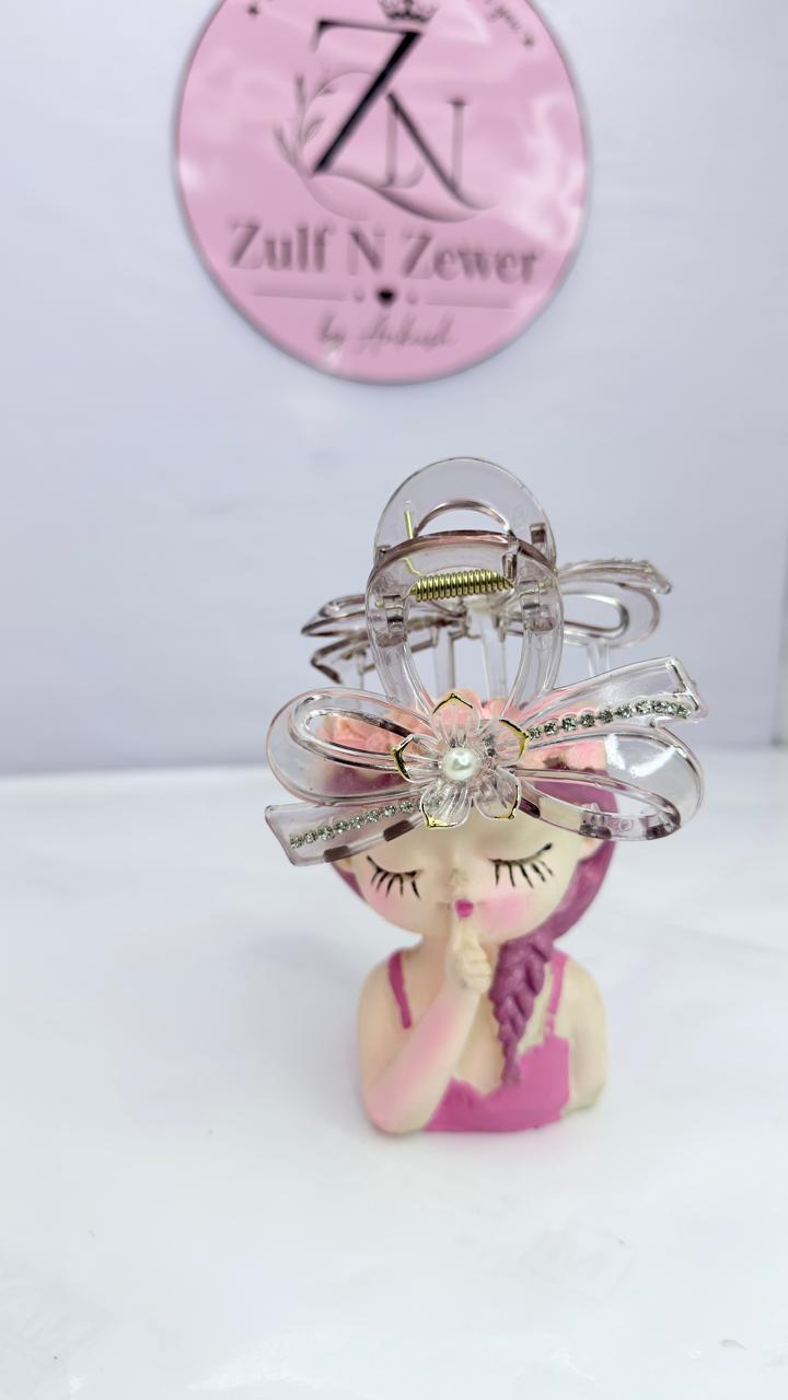 Transparent Grey Bow Hair Claw Clip with Pearl Flower & Rhinestones | Hair Accessory for Women & Girls