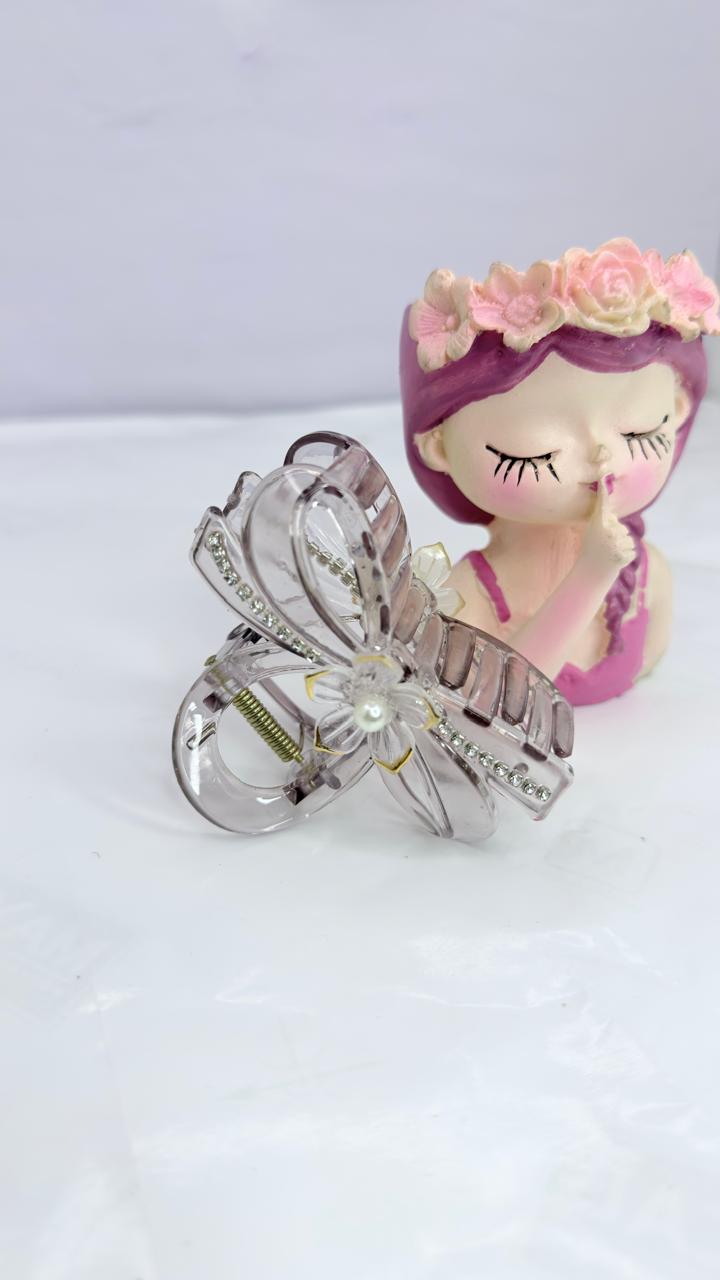 Transparent Grey Bow Hair Claw Clip with Pearl Flower & Rhinestones | Hair Accessory for Women & Girls