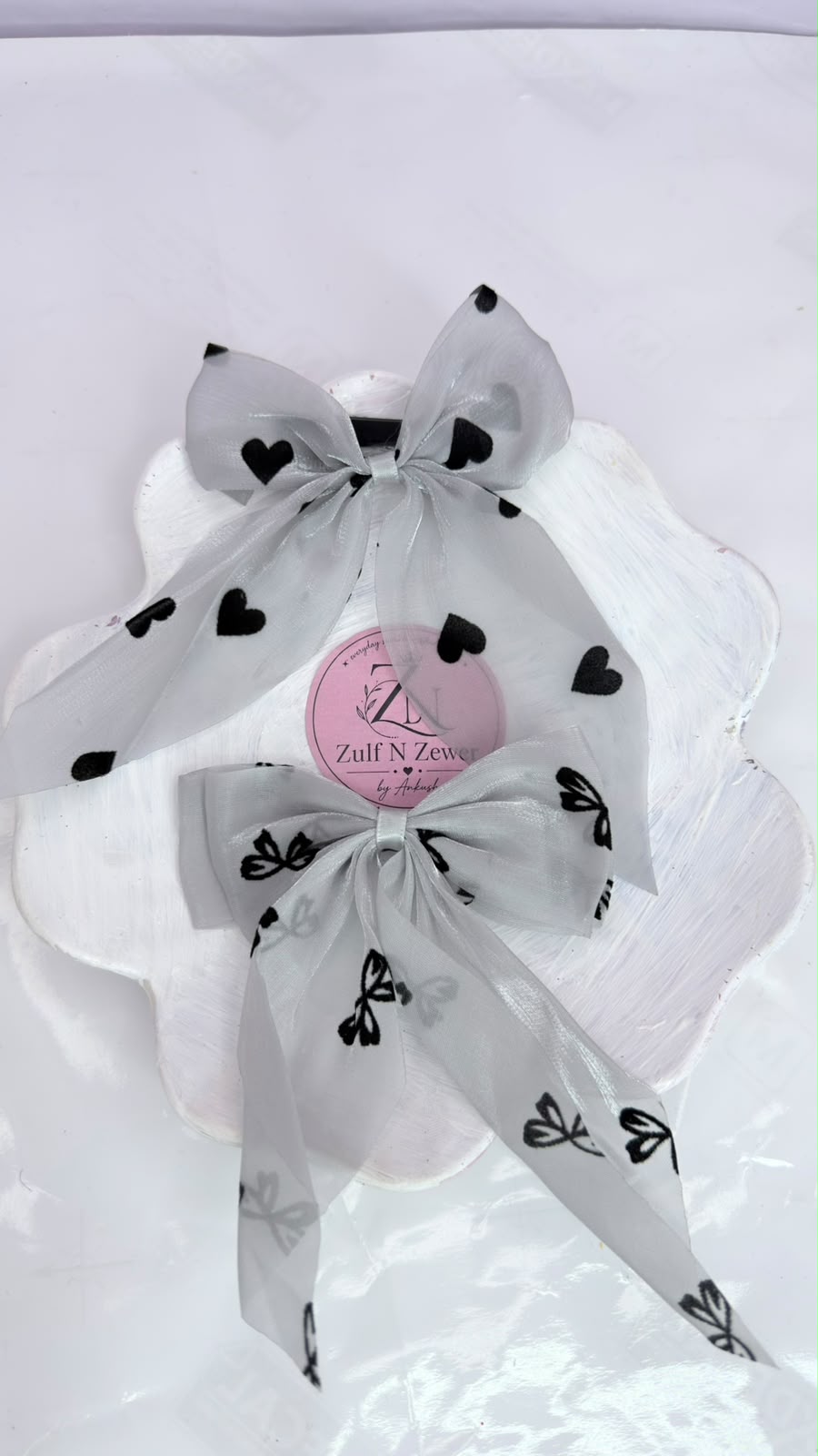 White Organza Printed Bow Hair Clip Combo – Heart & Butterfly Design