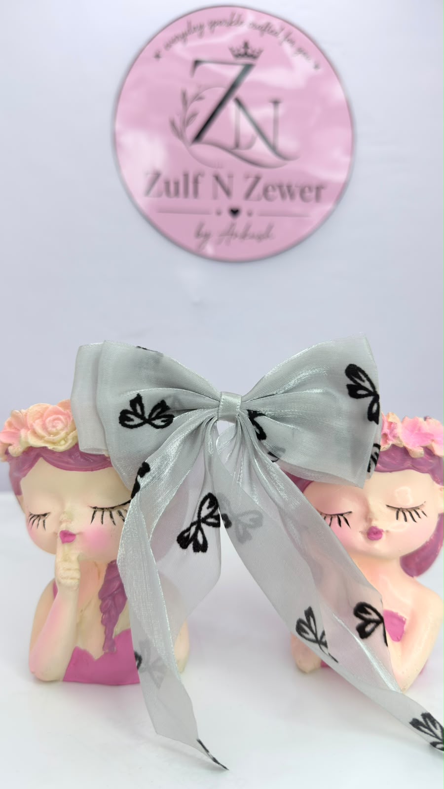 White Organza Printed Bow Hair Clip Combo – Heart & Butterfly Design