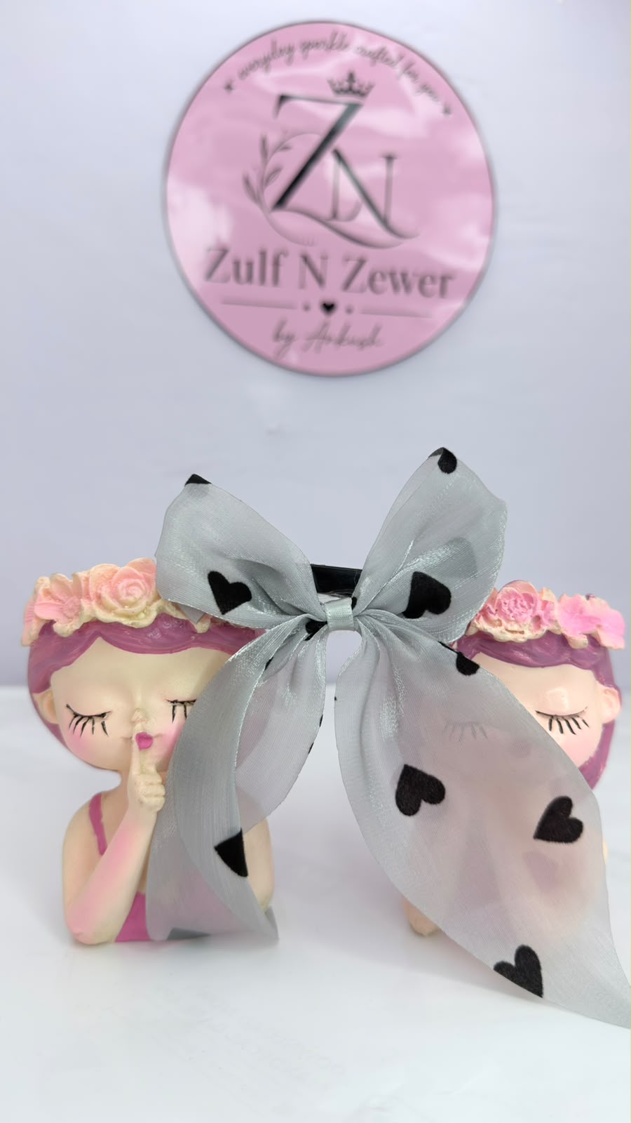 White Organza Printed Bow Hair Clip Combo – Heart & Butterfly Design