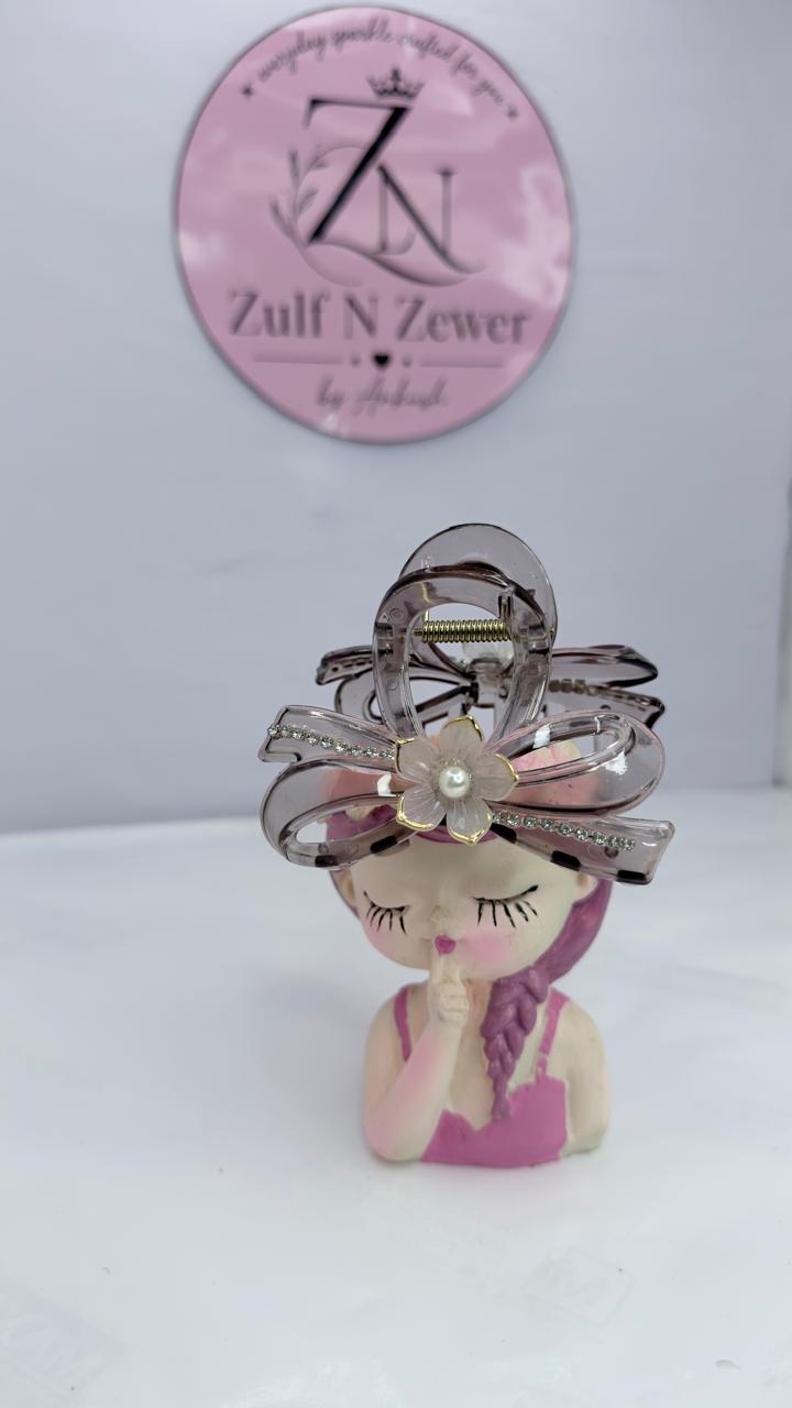 Transparent Grey Bow Hair Claw Clip with Pearl Flower & Rhinestones | Hair Accessory for Women & Girls